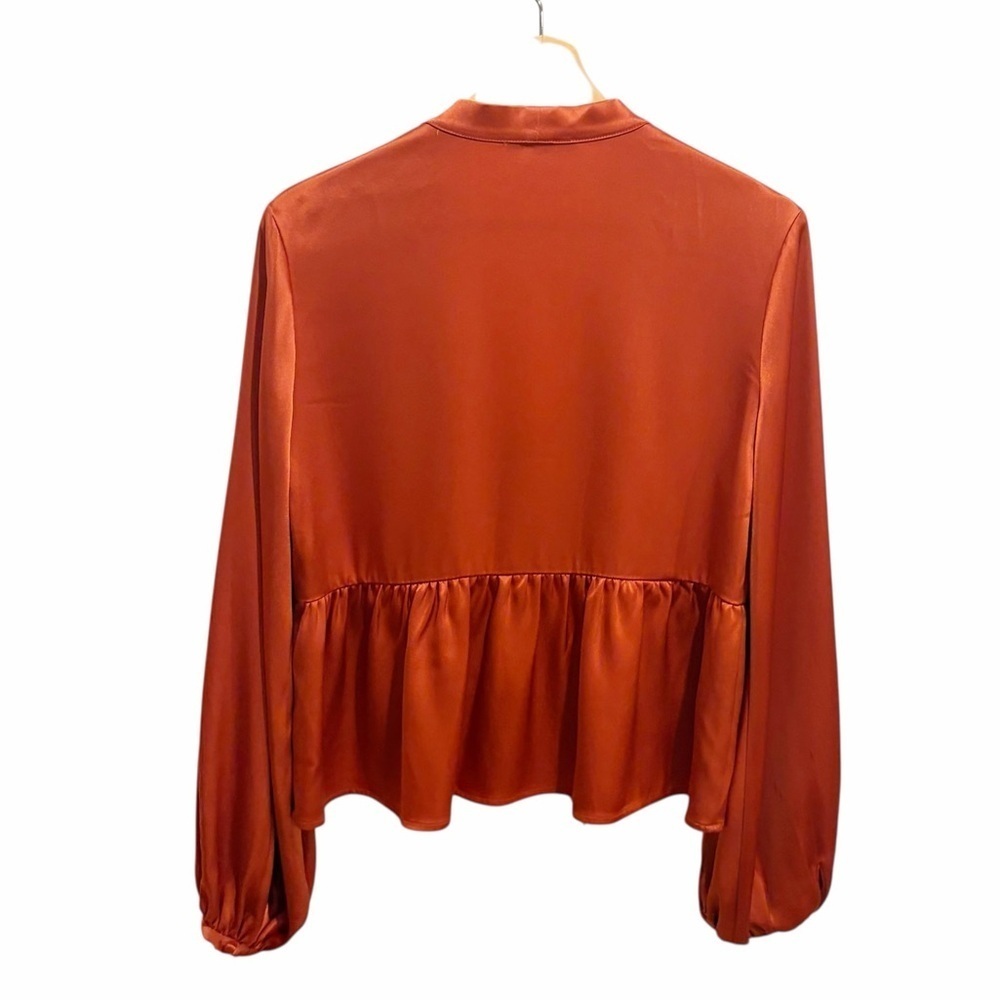 David Lerner Burnt Orange Satin Bow Blouse Ruffle Hem Top size XS - Picture 2 of 7